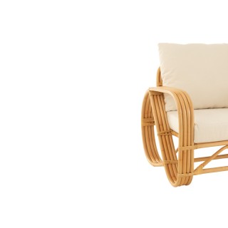 Fauteuil vintage en rotin naturel et coussins en tissu écru - HELLIN