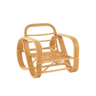 Fauteuil vintage en rotin naturel et coussins en tissu écru - HELLIN