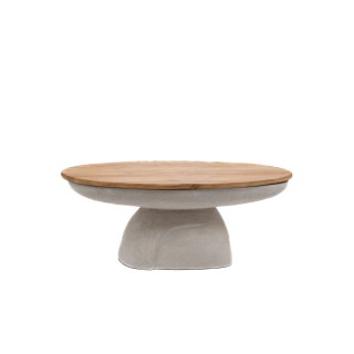 Table basse ovale en composite béton et plateau en teck massif
