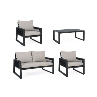 Salon de jardin métal gris 4 places et table basse (set de 4) QUIBERON - HELLIN