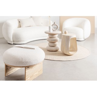 Pouf rond en bois et bouclette blanc D60 PAVEL - HELLIN
