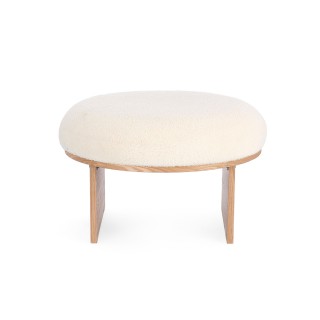 Pouf rond en bois et bouclette blanc D60 PAVEL - HELLIN