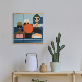 Tableau en bois taquin à la mer 48 x 48 LES BAIGNEUSES - HELLIN