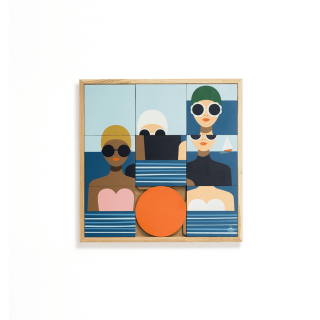 Tableau en bois taquin à la mer 48 x 48 LES BAIGNEUSES - HELLIN