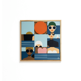 Tableau en bois taquin à la mer 48 x 48 LES BAIGNEUSES - HELLIN
