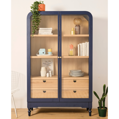 Vitrine vaisselier 2 portes vitrées 4 tiroirs bois bleu JOSEPHINE - HELLIN