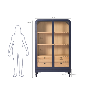 Vitrine vaisselier 2 portes vitrées 4 tiroirs bois bleu JOSEPHINE - HELLIN