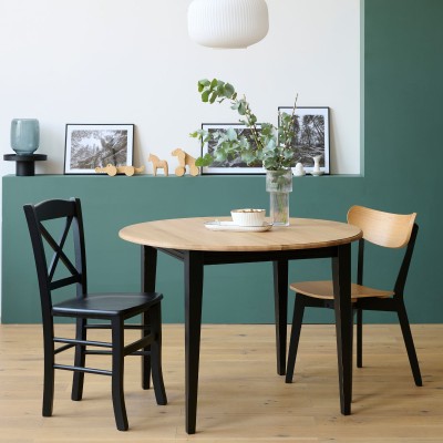 Table ronde extensible en chêne : allonge et pieds fuselés