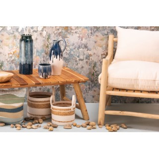 Fauteuil artisanal en massif teck naturel avec coussins beige SANCHO - HELLIN