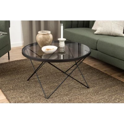 Table basse ronde en verre fumé et métal noir Benny | Hellin