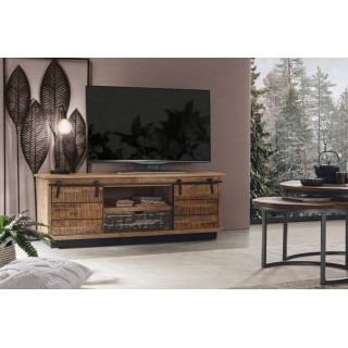 Meuble tv industriel : 2 portes coulissantes / 1 tiroir - Hellin