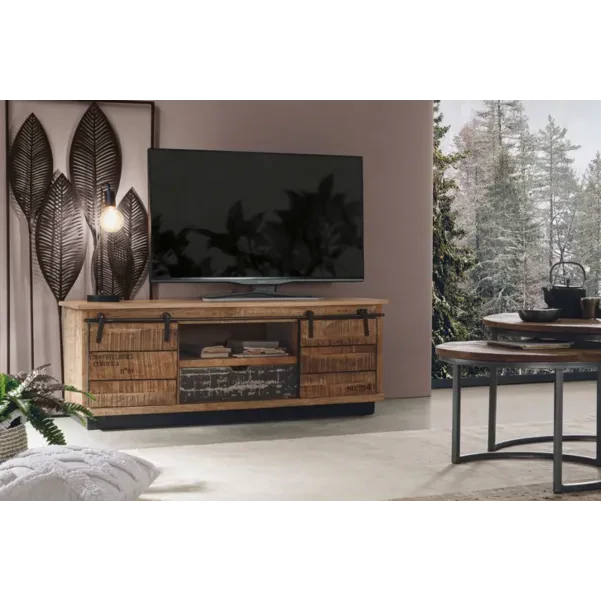 Meuble tv industriel : 2 portes coulissantes / 1 tiroir - Hellin