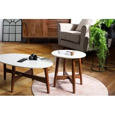 Table basse ovale vintage en manguier et marbre blanc L70 BLANY - HELLIN