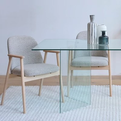 Chaises en chêne blanchi et tissu bouclette beige (lot de 2) LEA - HELLIN