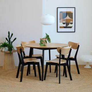 Table ronde en bois chêne/noir D105 + 4 chaises en bois chêne/noir LETA - HELLIN