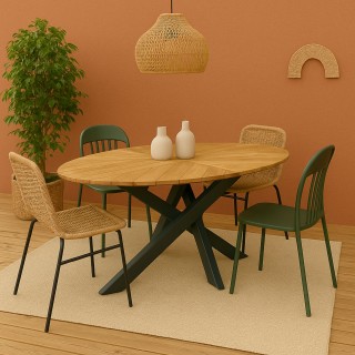 Table de jardin ovale en teck et métal noir L220 10 places - CAPO