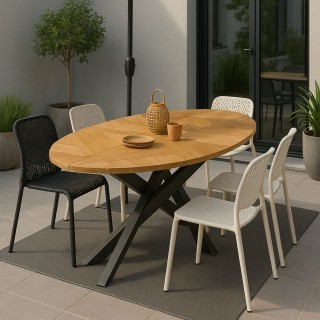 Table de jardin ovale en teck et métal noir L220 10 places - CAPO