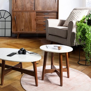 Bout de canapé rond vintage en manguier et marbre blanc D52 BLANY - HELLIN