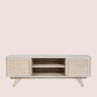 Meuble TV en bois de manguier blanchi 2 portes 2 niches SHANNA - HELLIN