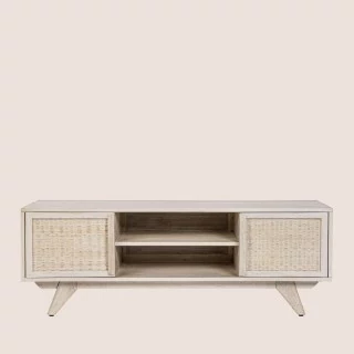 Meuble TV en bois de manguier blanchi 2 portes 2 niches SHANNA - HELLIN