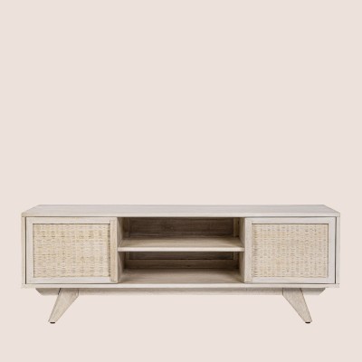 Meuble TV en bois de manguier blanchi 2 portes 2 niches SHANNA - HELLIN