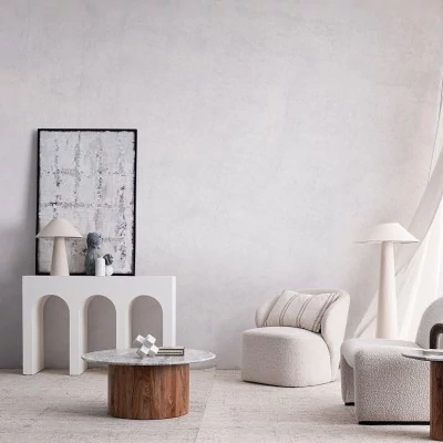 Table basse ronde en bois d'acacia et marbre beige D80 JOANA - HELLIN