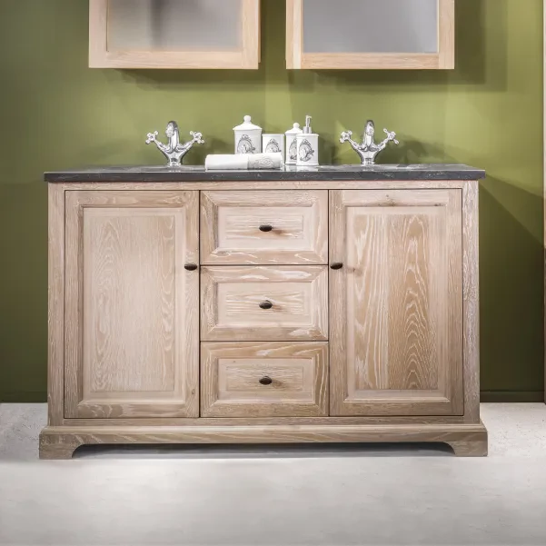 Meuble double vasque en chêne blanchi et pierre bleue | Hellin