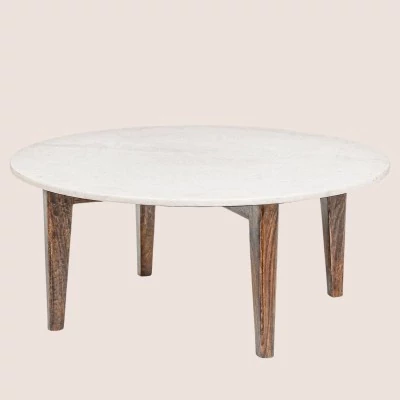 Table basse ronde vintage en manguier et marbre blanc L75 BLANY - HELLIN