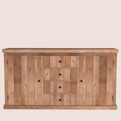 Buffet bas de salle à manger en bois massif recyclé pour une ambiance confortable et apaisante.