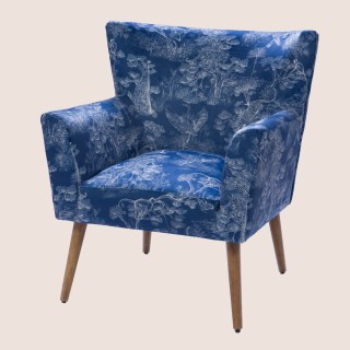 Fauteuil à accoudoirs en tissu peau de pêche bleu à motifs HERON - HELLIN