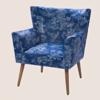 Fauteuil à accoudoirs en tissu peau de pêche bleu à motifs HERON - HELLIN