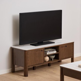 Meuble TV en céramique et chêne fumé 2 portes 2 niches L120 SIMONE - HELLIN