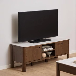 Meuble TV en céramique et chêne fumé 2 portes 2 niches L120 SIMONE - HELLIN