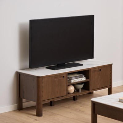 Meuble TV en céramique et chêne fumé 2 portes 2 niches L120 SIMONE - HELLIN