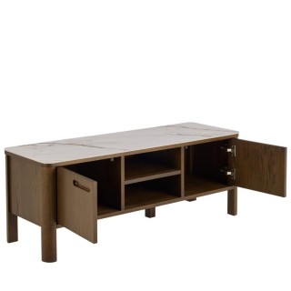 Meuble TV en céramique et chêne fumé 2 portes 2 niches L120 SIMONE - HELLIN