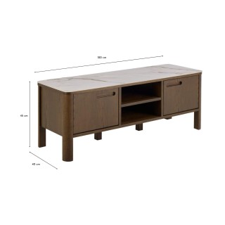 Meuble TV en céramique et chêne fumé 2 portes 2 niches L120 SIMONE - HELLIN