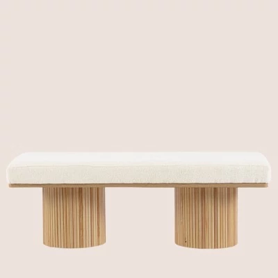 Banc 2 places en bois clair et tissu bouclette écru L120 FLORIAN - HELLIN