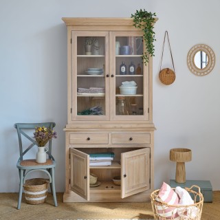 Buffet vaisselier en chêne blanchi 2 portes vitrées 2 tiroirs 2 portes bois VICTORIA - HELLIN