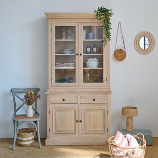 Buffet vaisselier en chêne blanchi 2 portes vitrées 2 tiroirs 2 portes bois VICTORIA - HELLIN