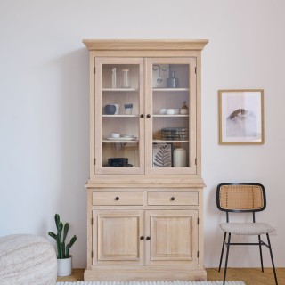 Buffet vaisselier en chêne blanchi 2 portes vitrées 2 tiroirs 2 portes bois VICTORIA - HELLIN