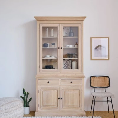 Buffet vaisselier en chêne blanchi 2 portes vitrées 2 tiroirs 2 portes bois VICTORIA - HELLIN