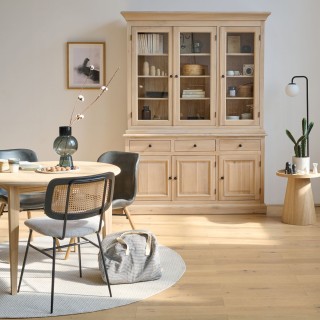 Buffet vaisselier en chêne blanchi 3 portes vitrées 3 tiroirs 3 portes bois VICTORIA - HELLIN