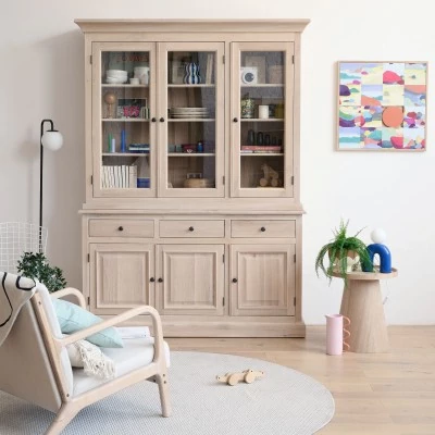 Buffet vaisselier en chêne blanchi 3 portes vitrées 3 tiroirs 3 portes bois VICTORIA - HELLIN