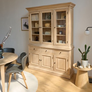 Buffet vaisselier en chêne blanchi 3 portes vitrées 3 tiroirs 3 portes bois VICTORIA - HELLIN