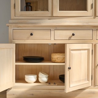 Buffet vaisselier en chêne blanchi 3 portes vitrées 3 tiroirs 3 portes bois VICTORIA - HELLIN