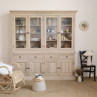 Buffet vaisselier en chêne blanchi 4 portes vitrées 4 tiroirs 4 portes bois VICTORIA - HELLIN