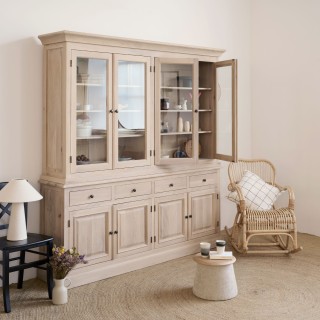 Buffet vaisselier en chêne blanchi 4 portes vitrées 4 tiroirs 4 portes bois VICTORIA - HELLIN