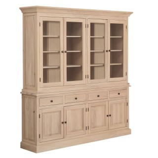 Buffet vaisselier en chêne blanchi 4 portes vitrées 4 tiroirs 4 portes bois VICTORIA - HELLIN