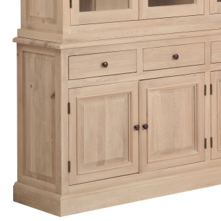 Buffet vaisselier en chêne blanchi 4 portes vitrées 4 tiroirs 4 portes bois VICTORIA - HELLIN