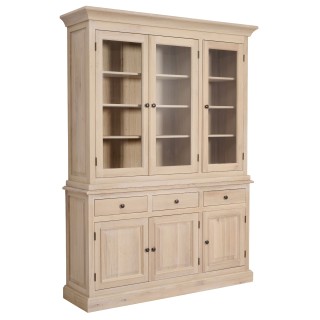 Buffet vaisselier en chêne blanchi 3 portes vitrées 3 tiroirs 3 portes bois VICTORIA - HELLIN